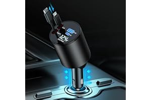 QUVFHE Retractable Car Charger, 4 in 1 Super Fast Car Phone Charger 60W, Retractable Cables and 2 USB Ports Car Charger Adapter,Compatible with iPhone 15/14/13/12/11, Galaxy(Type C+Lightning)