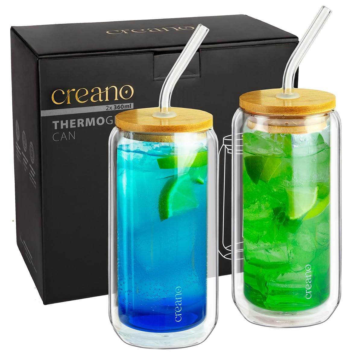 Creano 2pcs Double-Walled Drinking Glass with Bamboo lid and Straw, 360 ml, Smoothie Cup, Bubble Tea, Cocktail Glass