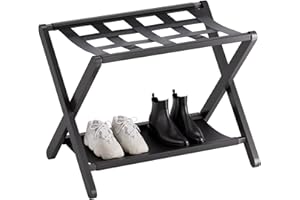 HITNET Luggage Rack for Guest Room, Suitcase Stand Folding Bedroom, Bamboo Hotel Luggage Holder with Fabric Storage Shelf and Nylon Straps, Black