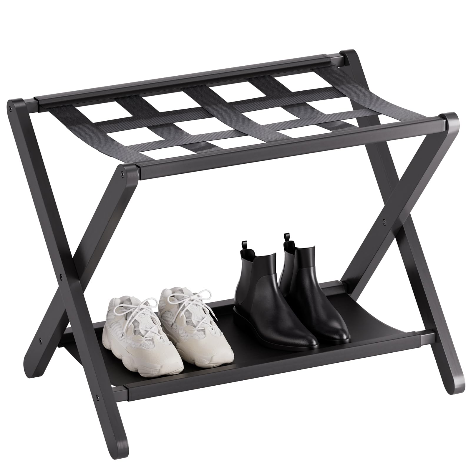 HITNET Black Luggage Rack, Folding Suitcase Stand with Storage Shelf, Bamboo Luggage Holder for Guest Room, Bedroom, Heavy-Duty Nylon Straps