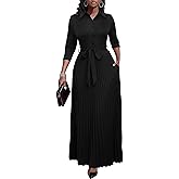 Runwind Maxi Dresses for Women, 3/4 Sleeve Botton Down Pleated Long Dress with Belt Casual Church Dress with Pockets