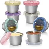 WANHMIF 8Pack 2.4oz Sauce Cups with See-Through Silicone Lids, Leakproof Salad Dressing Container To Go, Reusable Condiment Cups, Stackable Stainless Steel Sauce Containers for Lunch Box, Meal Prep