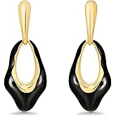 SNGIA Oval Dangle Irregular 18K Gold Plated Black Enamel Resin Hoops Statement Earrings for Women by SNGIA, Bold Drop Handmade Exaggerated Trendy Bohemian Flower Jewelry Gifts, Unique Teardrop Baroque Summer Beach Floral Fashion Earrings Accessories, Vintage Nickle Free Huggies Earrings.