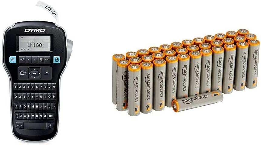 Dymo S0946320 Label Manager 160 Handheld Label Maker Qwerty Keyboard - Black/Clear & Amazon Basics AAA Performance Alkaline Batteries [Pack of 36] - Packaging May Vary