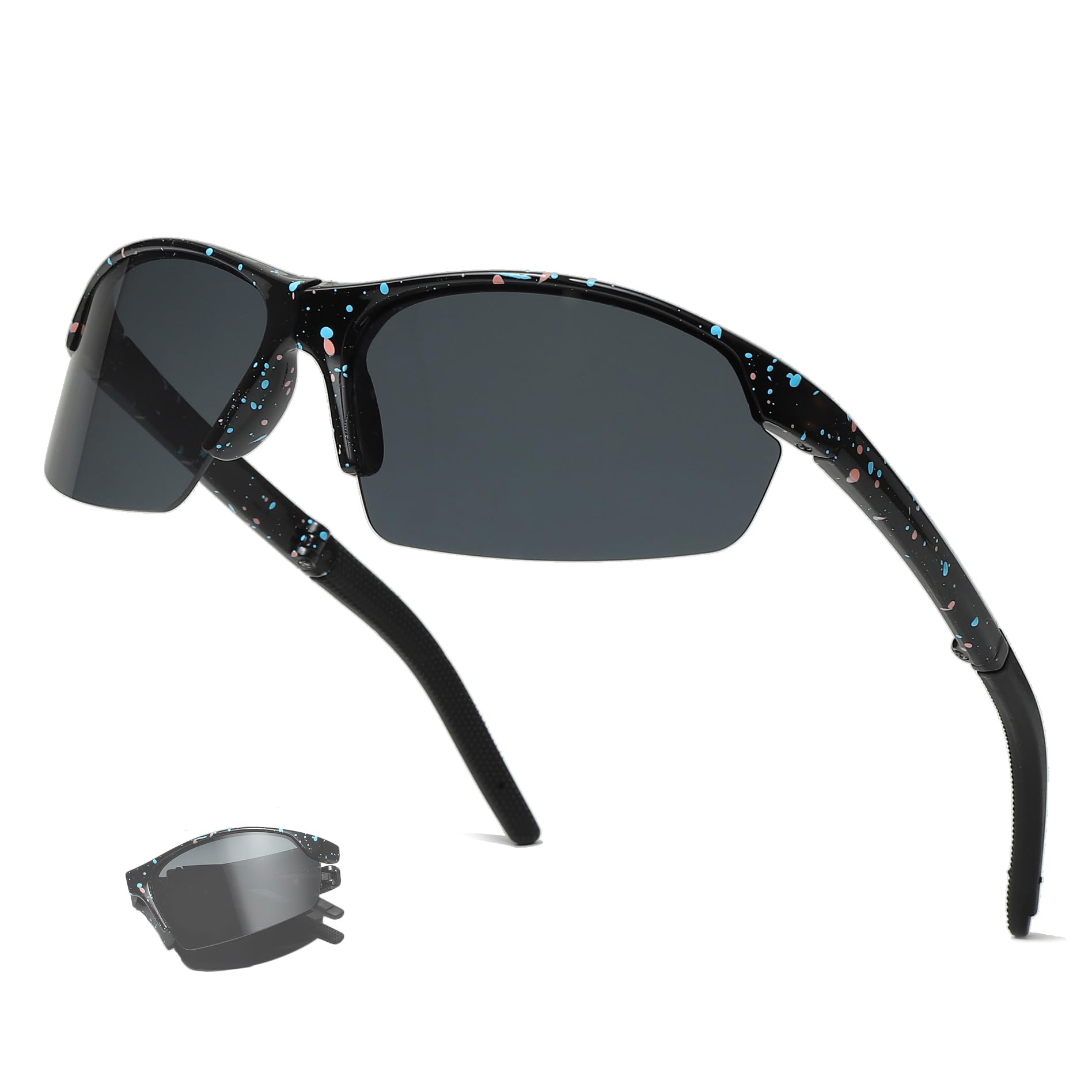 Long Keeper Foldable Sports Sunglasses for Men Women Youth Sports Running Glasses Windproof Cycling Goggles Softball Baseball Glasses UV Protection Shades (Black Frame Dark Grey Lens)