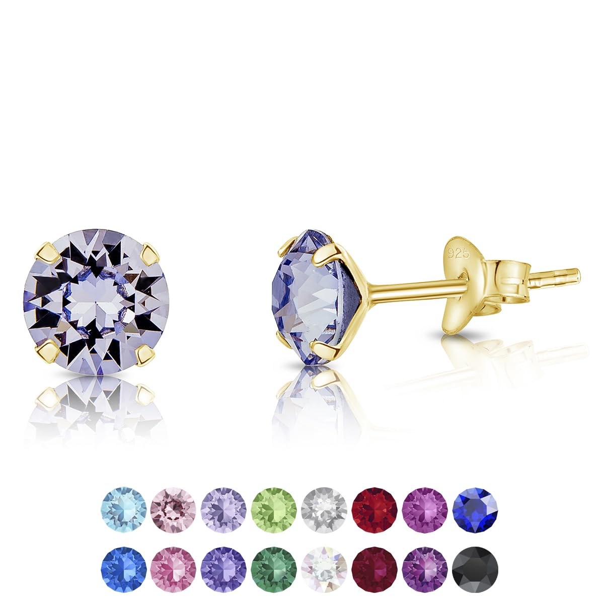 DTPSilver - 925 Sterling Silver Yellow Gold Plated Round Stud Earrings made with Glittering Crystals from Swarovski® Elements - Diameter: 6 mm - Colour : Provence Lavender