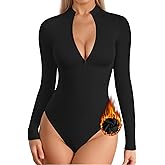 MANGOPOP Long Sleeve Body Suit Mock Turtle Neck Zip Up Bodysuit for Women Ribbed Deep V Sexy Bodysuit Shirts