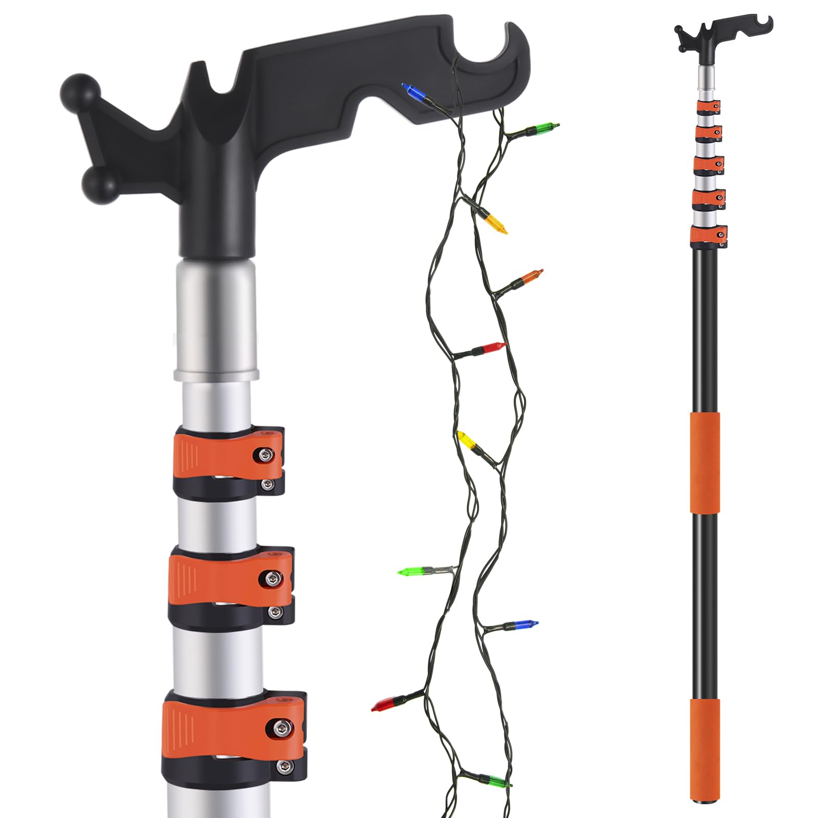 Photo 1 of 5-24ft Long Telescopic Extension Pole with Utility Hook, Ladderless christmas light pole hanger tool Installing and Hanging String Lights/Birdfeeders, cleaning High Places, Lightweight and Sturdy