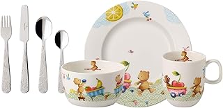 Villeroy & Boch Hungry as a Bear Kinder-Tafelset mit Besteck, 7 tlg., Premium Porzellan, Edelstahl 18/10, spülmaschinengeeignet, weiß/bunt