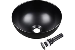 Aquaterior 12" Bathroom Round Bowl Vessel Sink with Pop up Drain Above Counter Countertop Porcelain Ceramic RV Bathroom Mini Basin Black