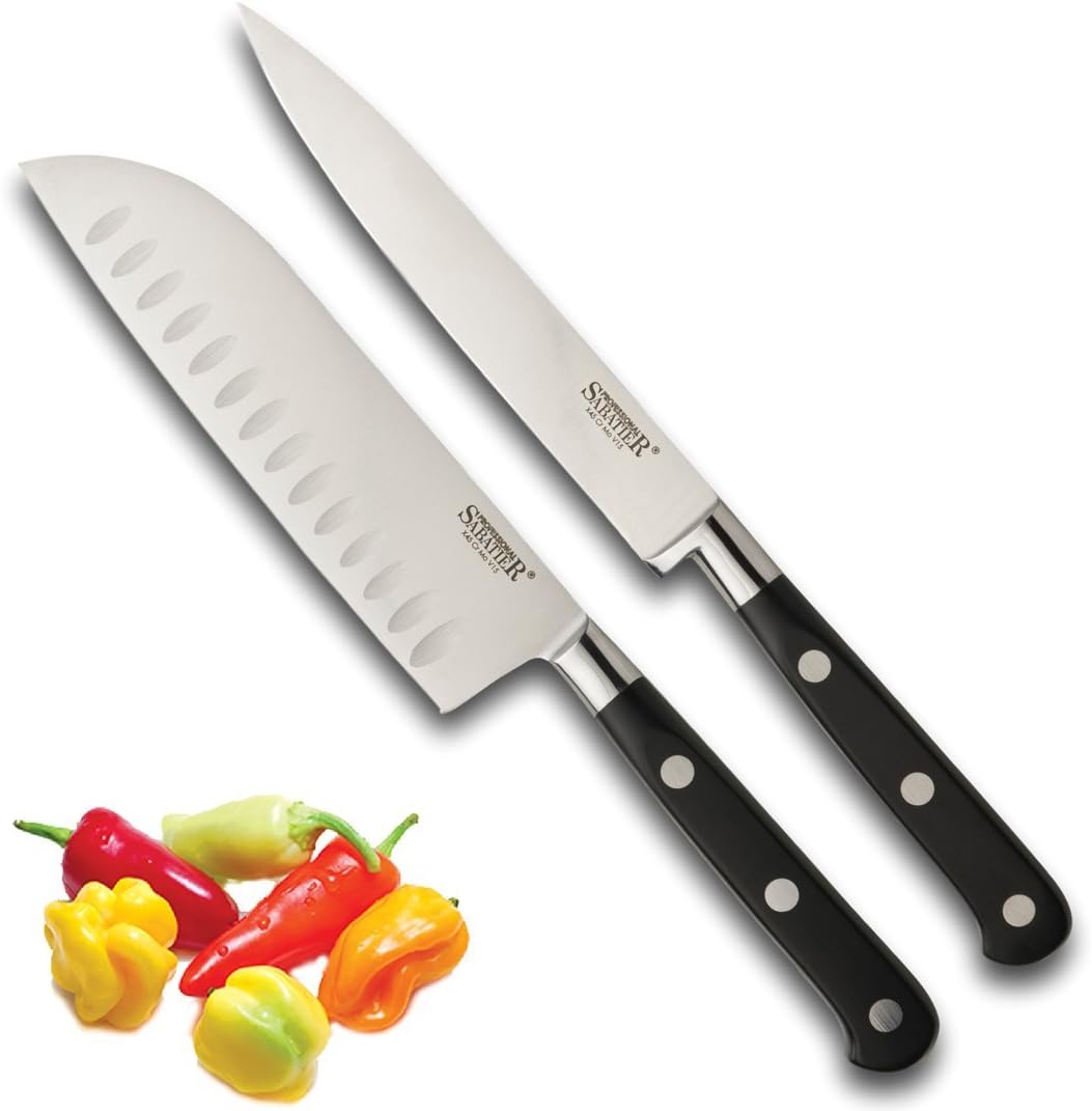 Professional Sabatier Knife Set 2 Piece, 13cm/5” Santoku & Utility Knives. Full Tang Blade. High Grade