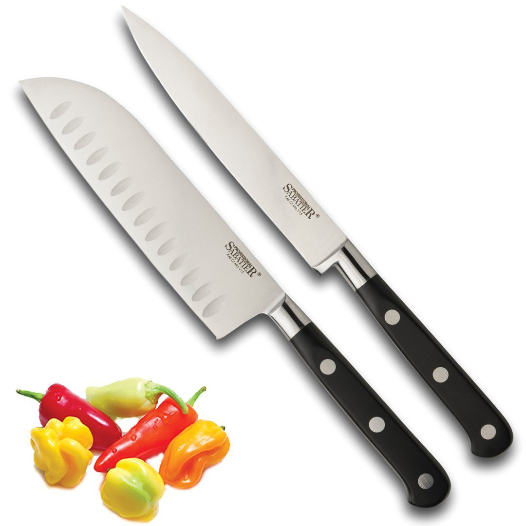 Professional Sabatier Knife Set 2 Piece - 13cm/5” Santoku & Utility Knives. Full Tang Blade. High Grade, Taper Ground Carbon Steel. Sharper for Longer. Triple Rivet Handles. by Taylors Eye Witness.