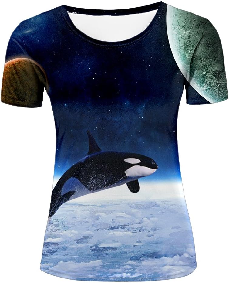 Mens 3D Print T Shirts Killer Whale with Blue Galaxy Short Sleeve Summer Tees
