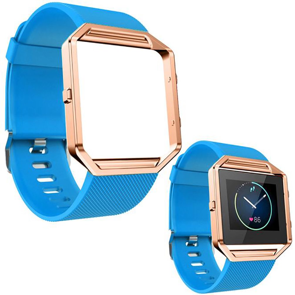 TopTen Watch Band with Stainless Steel Frame Compatible for Fitbit Blaze Smartwatch, Silicone Bracelet Replacement Accessories Adjustable Wrist Strap (Sky Blue)