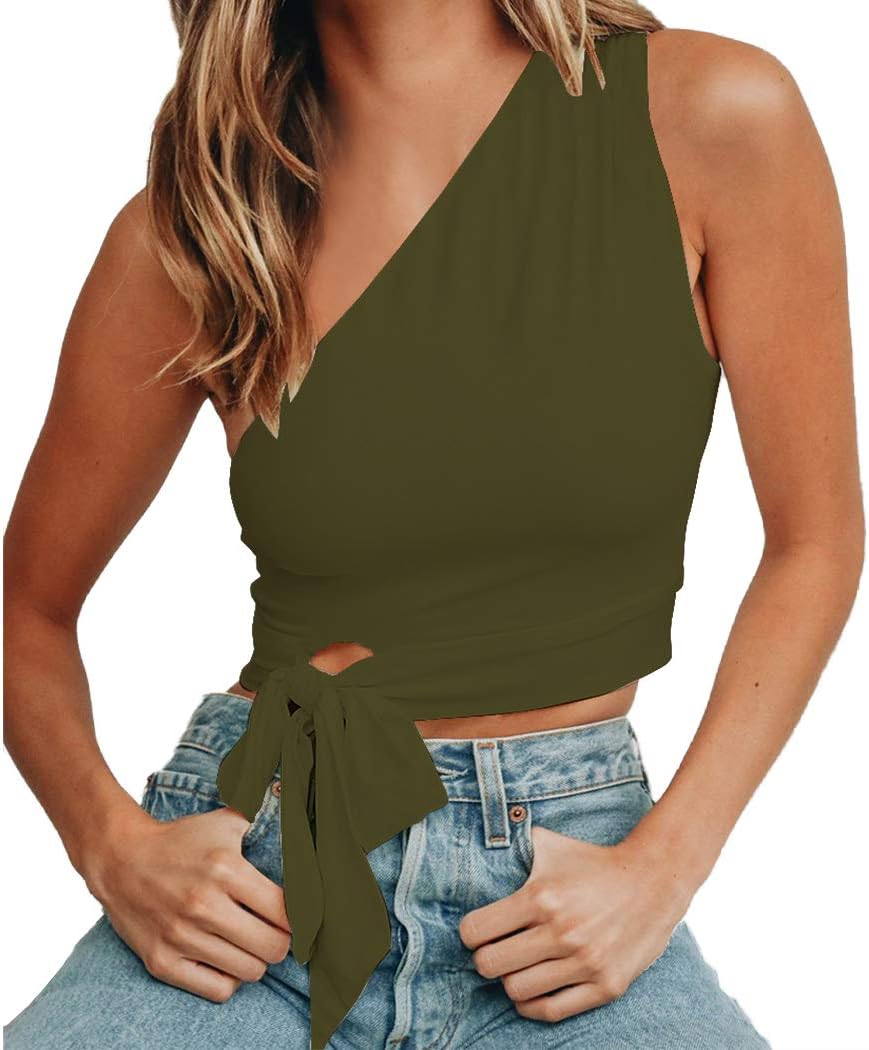 WEEPINLEE Women's Sexy One Shoulder Sleeveless Bowknot Shirts Crop Tops