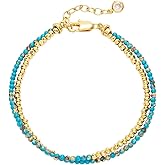 WEARON Gold Beaded Turquoise Bracelets for Women Dainty Stackable Stone Beaded Mixed Layered Link Chain Adjustable 14K Gold Plated Boho Bracelets for Women