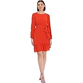 Donna Morgan Womens Long Sleeve Asymmetrical Hem Flounce Dress with Waist Tie Event Party Occasion Guest of