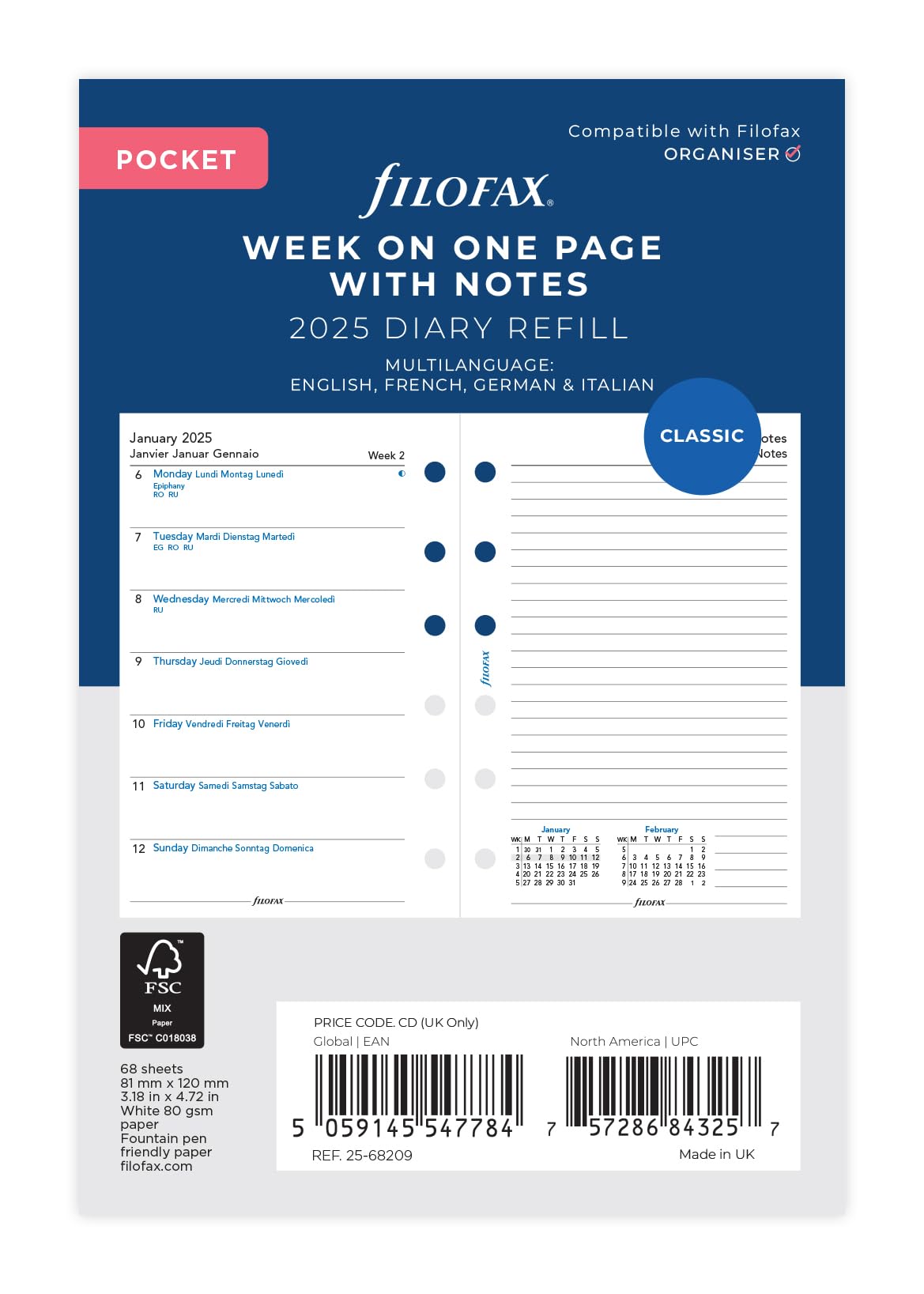 Pocket Week per page with notes 4 language 2025