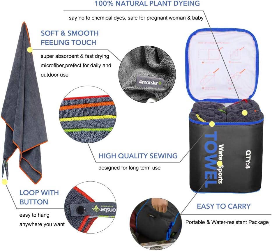 4Monster 4 Pack Microfiber Bath Towel Camping Towel Swimming Towel Sports Towel with Accessory Bag, Quick Dry & Super Absorbent for Travel Gym, Suitable for Adults Kids Family, 24 X 48 Inch: Home & Kitchen