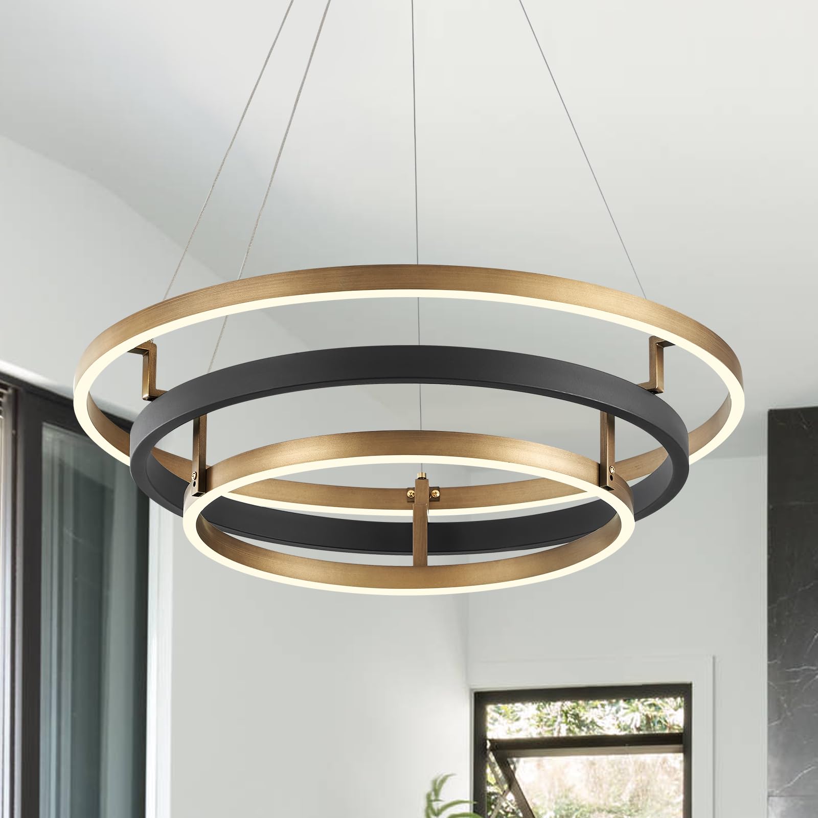 Photo 1 of ***GOLD COLOR*** 3 Ring LED Chandelier Black Gold Chandelier Light Fixture Dimmable Round Foyer Chandeliers Modern Circular Chandeliers Light for Dining Room Entry Bedroom Office Living Room 24in