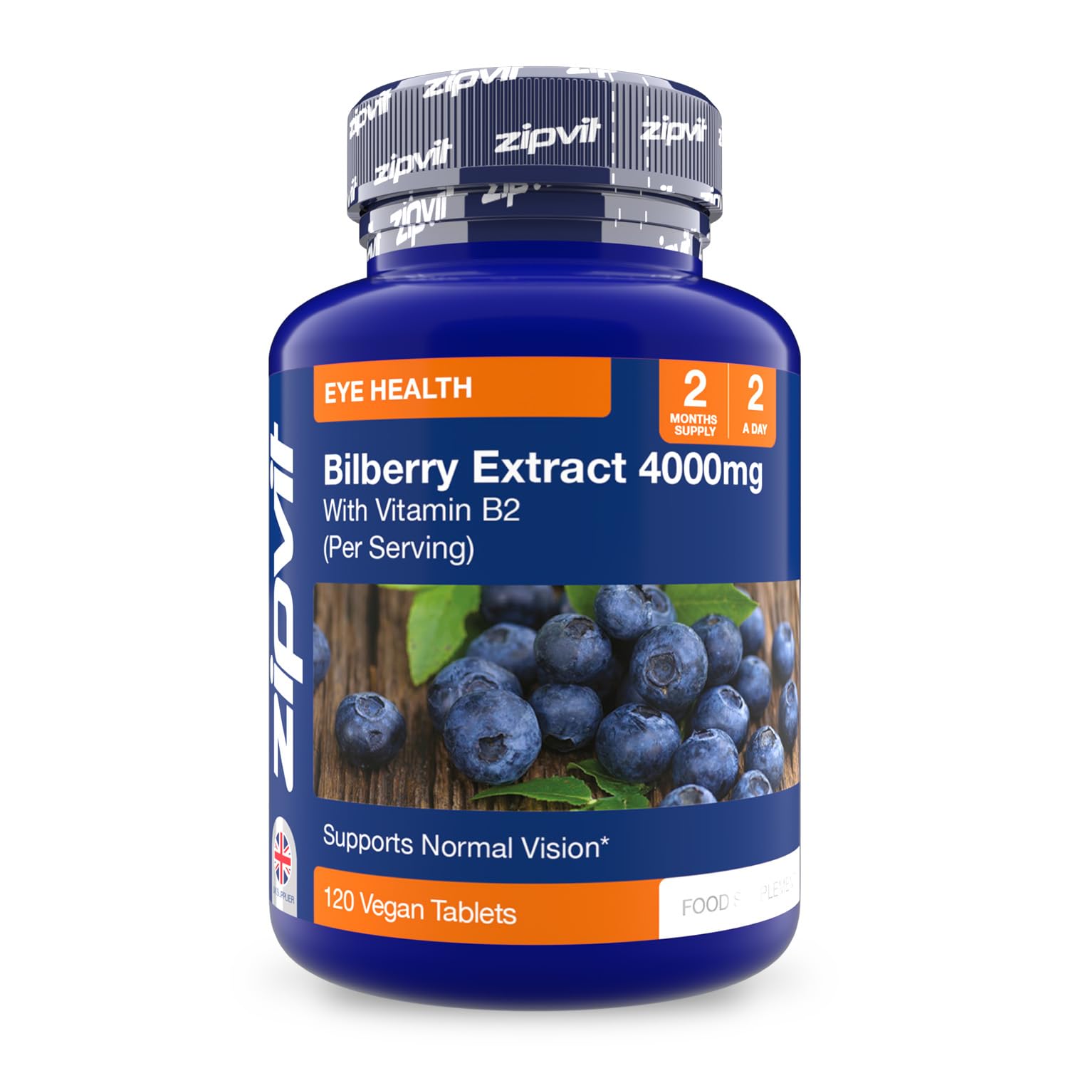 Zipvit Bilberry Extract 4000mg with Vitamin B2, Eye Vitamins with Anthocyanidins, Vaccinium Uliginosum, Supports Healthy Vision, 120 Vegan Tablets, 2 Months Supply