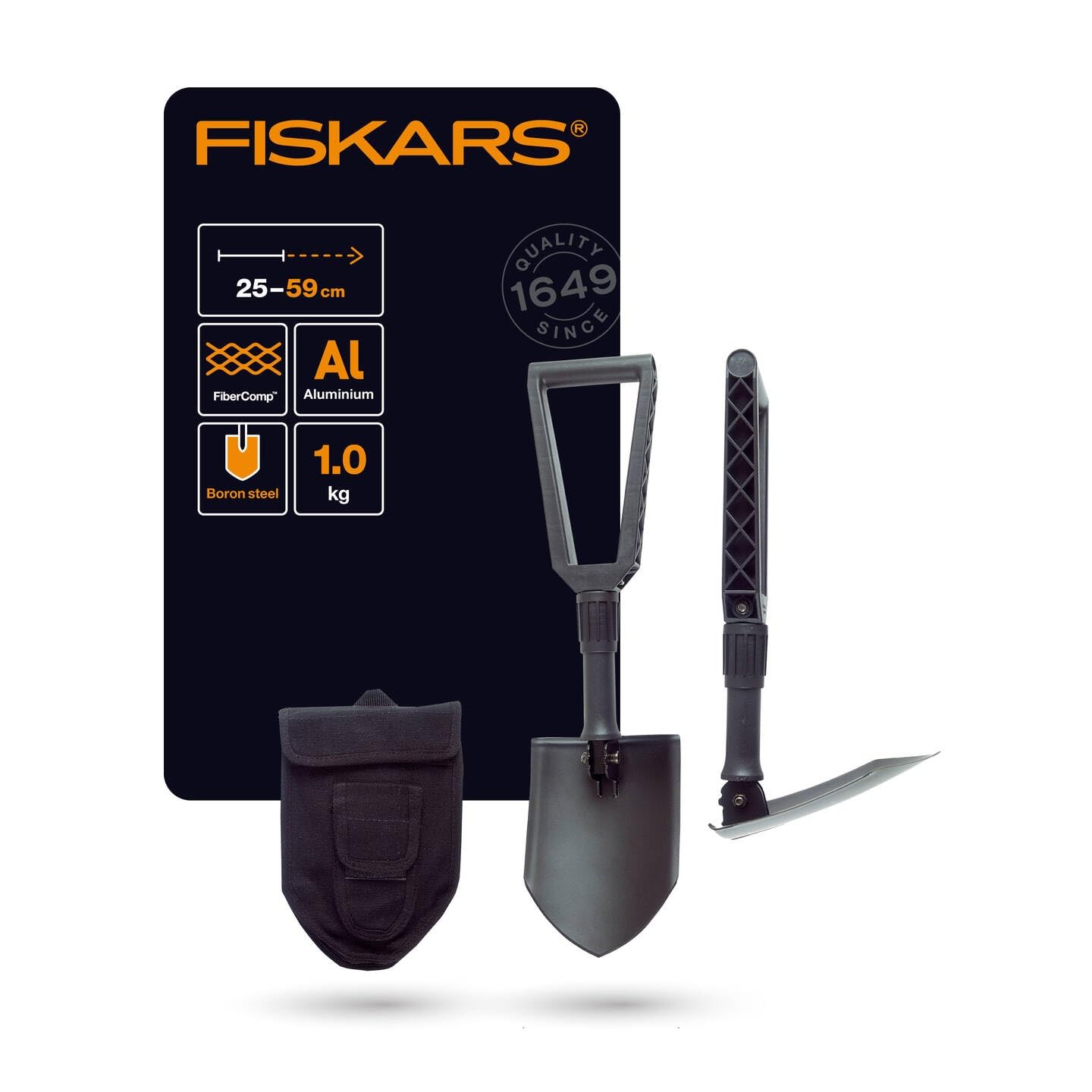 Fiskars Klappspaten für Camper und Bergsteiger, Auch als Schaufel und Hacke einsetzbar, Mit Canvas-Tasche, Länge (ausgeklappt): 59 cm, Gehärteter Borstahl, Schwarz, 1000621