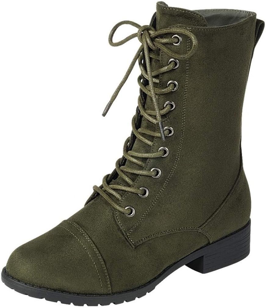  | Forever Link Womens Round Toe Military Lace up Knit Ankle Cuff Low Heel Combat Boots | Ankle & Bootie