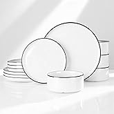 Famiware Porcelain Dinnerware Set, 12-Piece Modern Plate and Bowl Set, Dish Set for 4, Microwave and Dishwasher Safe Tableware, White with Black Trim