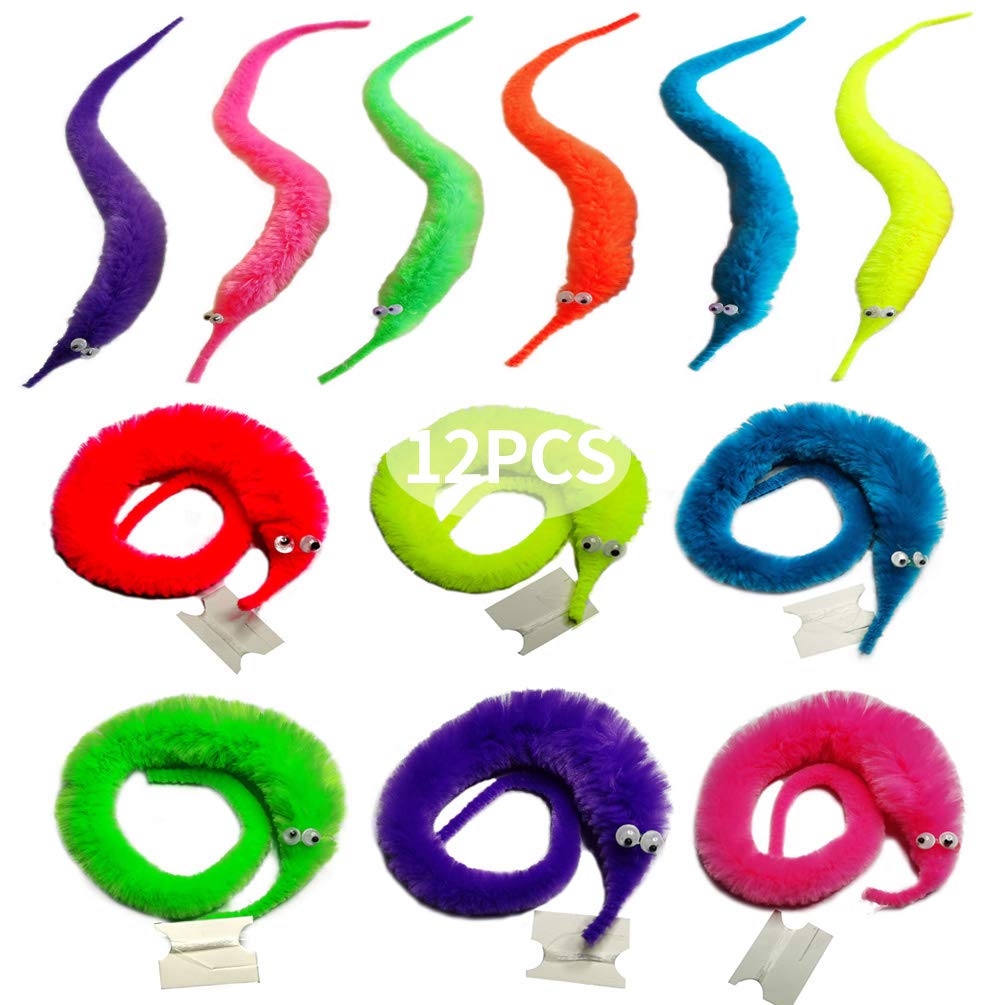 SHENGSEN 12 Pieces Fuzzy Worm Toys Worms On String Bulk Trick Toy Party Favors for Kid Cat (6 Colors)