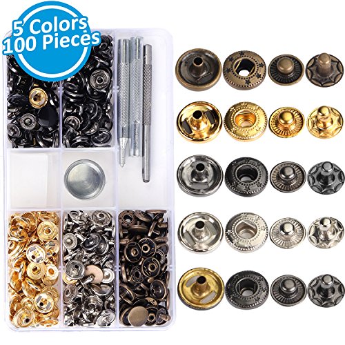 100 Sets Snap Fasteners, Snap Buttons Press Studs with 4 Pieces Fixing Tools for Lether Cloth Jackets, 5 Assorted Colors, 12mm in Diameter, Christmas Gift Idea - Thumbnail 7