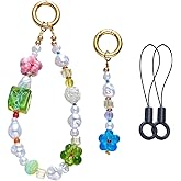 EVERJOYCRAFT 2 Sets Handmade Beaded Phone Charm Colorful Phone Wrist Strap Cute Pearl Beaded Wristlet Decoration Universal Cellphone Chain Lanyard Bracelet Accessories for Camera Bag Keychain
