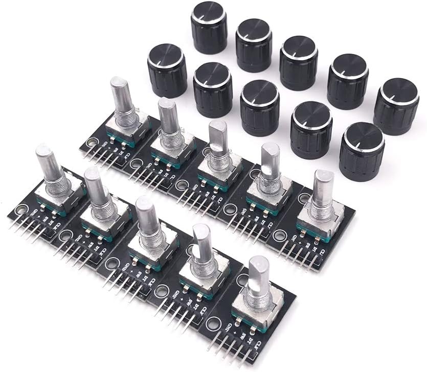 Seloky 10pcs Rotary Encoder Module KY-040 for Arduino Compatible Brick Sensor Switch Development Board（With 10 black knobs and Threaded）