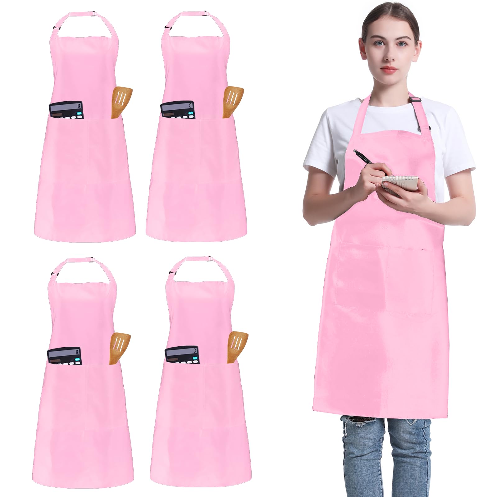 Photo 1 of FunChaos 4 Pack Chef Apron, Adjustable Apron with 2 Pockets, Unisex Personalised Apron for Cooking, Kitchen, Restaurant (Pink)