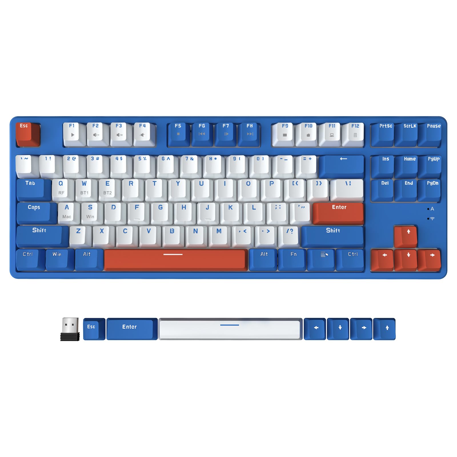 A.JAZZ AK871 Draadloos Gamingtoetsenbord 75%, Bluetooth/2,4G Dubbele Modi, TKL 80% Mechanisch Toetsenbord met Hot-Swappable Clicky Blue Switch, Compacte 87 Toetsen, geen Backlit voor Win/Mac - Wit