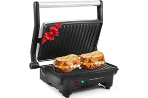 Elite Gourmet EPN-2976 2-in-1 Nonstick Panini Press & Indoor Grill, Opens 180-Degree Gourmet Sandwich Maker, Floating Hinge Fits All Foods, Contact Grill with Removable Grease Tray, Stainless Steel
