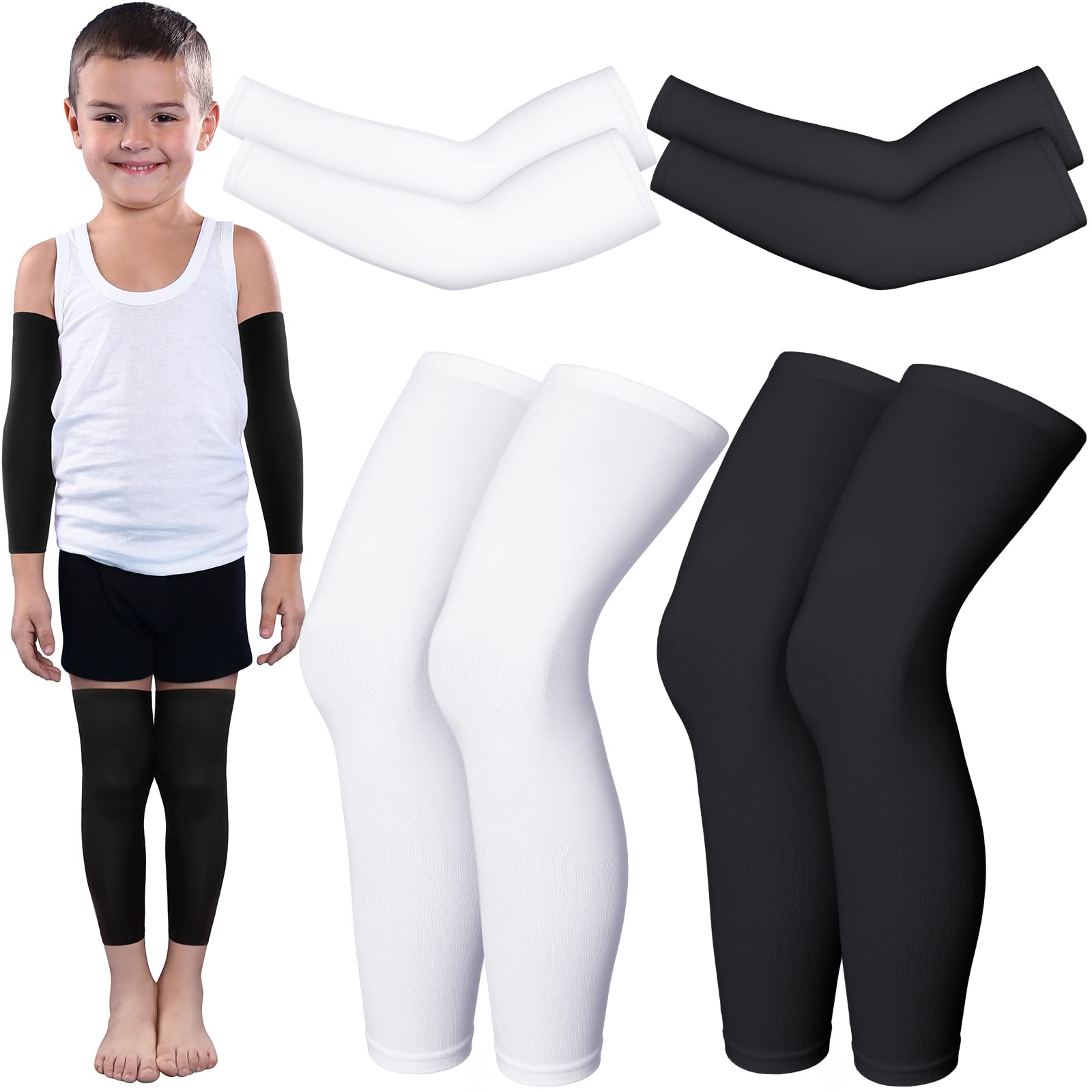 Photo 1 of 4 Pairs Kids Arm Sleeves for Basketball Kids Long Compression Leg Sleeves and Arm Sleeves Youth Basketball Leg Sleeves(Black and White,Medium)