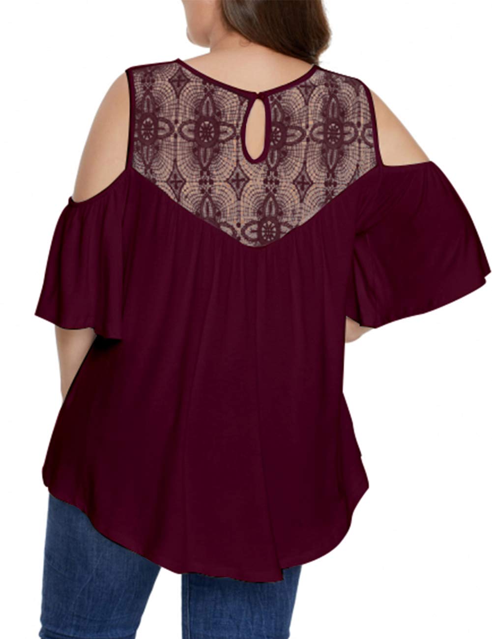 DIOLOCA Women\'s Cold Shoulder Tunic Tops Plus Size Wine Red Lace Shirt Casual Pleated Blouses Short Sleeve Wine Red 5X