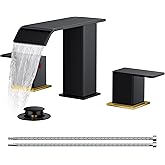 FORIOUS Black and Gold Bathroom Faucet 3 Hole, 2 Handles 8 Inch Widespread Waterfall Bathroom Sink Faucet with Metal Pop-Up Drain and 24" Water Hoses, for Vanity RV Restroom