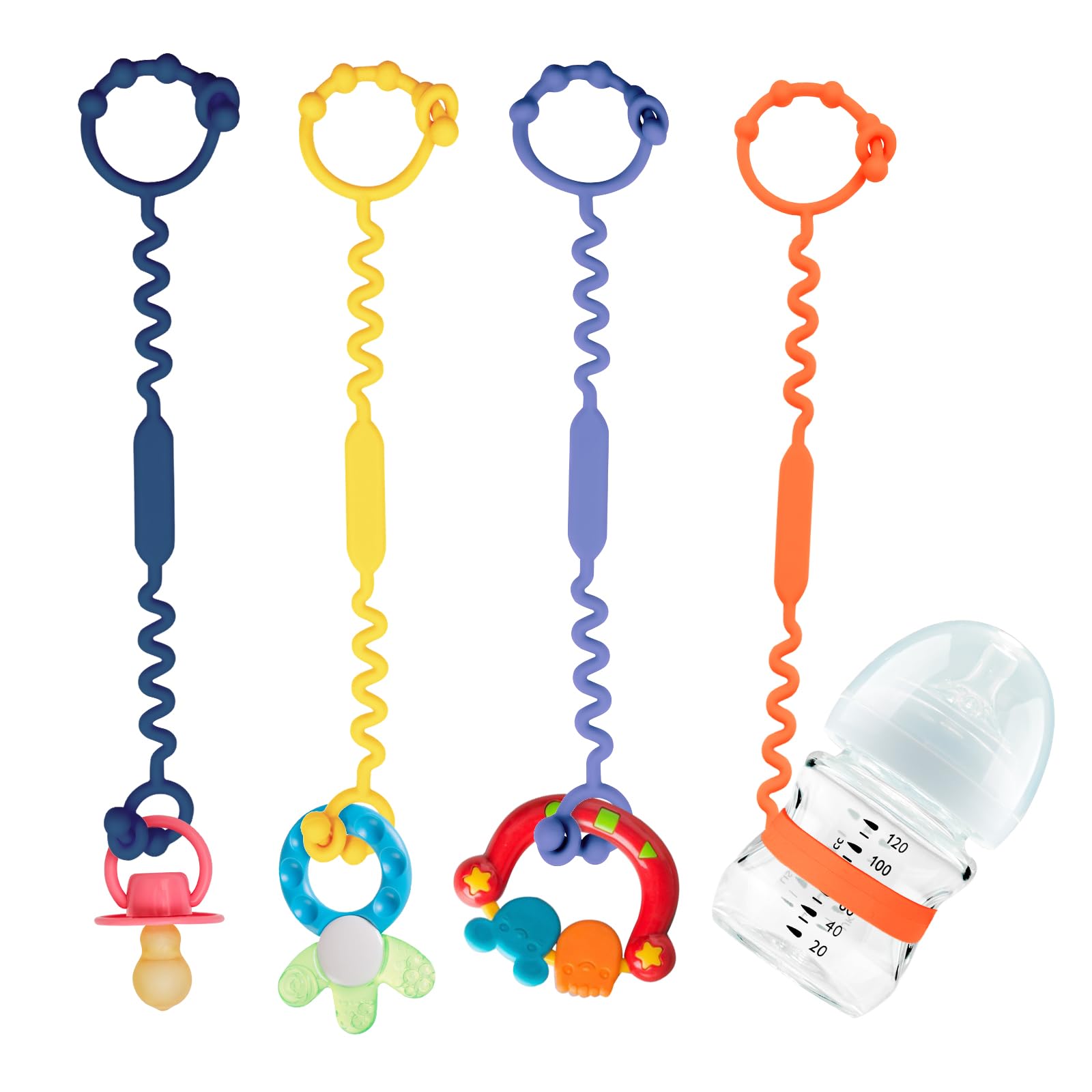 Toy Straps for Baby, Silicone Toy Straps for Stroller, Toy Safety Straps forToy, Sippy Cup Straps, Adjustable Toy Holder for Stroller, High Chair - BPA Free (B-Multi 4 Pack)