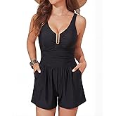 Smismivo Swim Rompers for Women Modest One Piece Tummy Control Swimsuits with Shorts Bathing Suits Full Coverage Swimwear