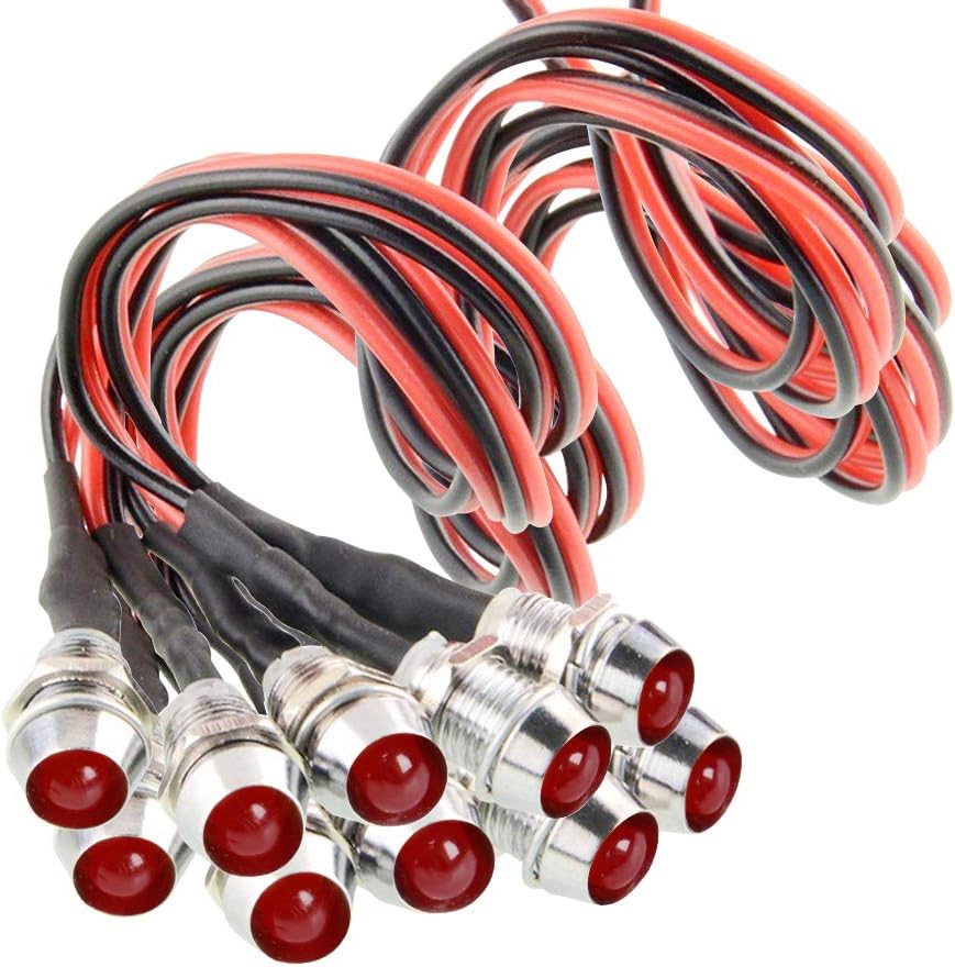 Amotor 10Pcs 8mm 5/16" LED Metal Indicator Light 12V Waterproof Signal Pilot Lamp Dash Directional Car Truck Boat with Wire (Red)
