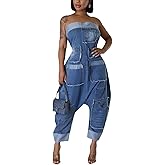 Kwunbwa Strapless Denim Jumpsuit for Women, Casual Cargo Multi Pockets Loose Baggy Wide Leg Patchwork Jean Rompers 2026