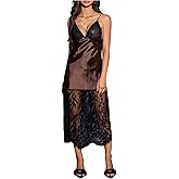 SweatyRocks Women's Satin Nightgown Deep V Neck Semi Sheer Mesh Chemise Lingerie Long Sleepdress