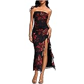 Milumia Women's Boho Floral Print Tube Dress Strapless Ruffle Split Hem Fishtail Long Maxi Dresses