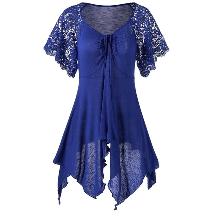 iHENGH Damen Sommer Bandage Hohe Taille Kurzarm Spitze-Blumen-Patchwork Unregelmäßige Hem Minikleid Bluse Tops