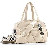 Lekespring Gym Bag for Women, Puffer Travel Duffle Bag With Shoes Compartment & Wet Pocket, Carry On Tote Bag For Weekender, Overnight, Sport duffel bags for traveling (Beige, Medium)