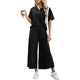 Tanming Womens 2 Piece Outfits Short Sleeve Top Wide Leg Pants Matching Tracksuit Travel Vacation Outfits