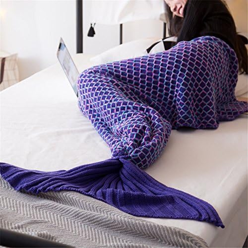 iSunShine Mermaid Tail Blanket Crochet for Kids and Adult, Soft Knitted Blanket Sleeping Bag, 32"x71", Colored+Deep Purple
