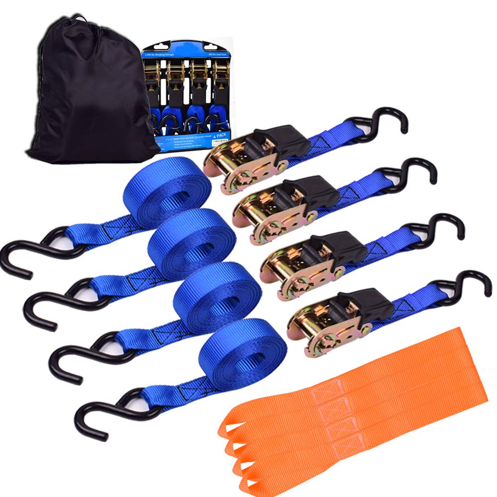TIE Down Strap Ratchet Tie Down Straps - 4 Pk-15 Ft 1500 Lb Break Strength - Cargo Straps for Securing Motorcycle, Kayak, Truck, Trailer and Boat Lawn Equipment- Includes 4 Soft Loops
