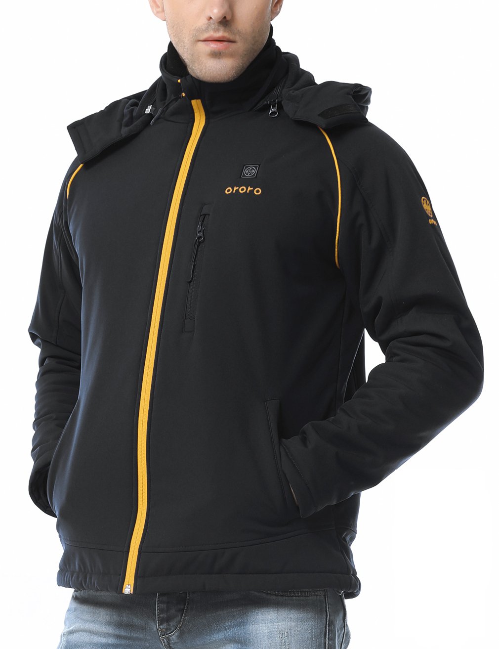 ororo Men's Soft Shell Heated Jacket Kit With Detachable Hood and Battery Pack (Black/Gold, L